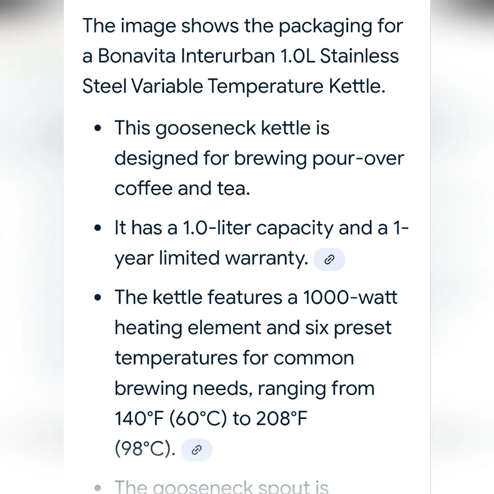 Bonavita Interurban 1.0L  Stainless Steel Variable Temperature Kettle
